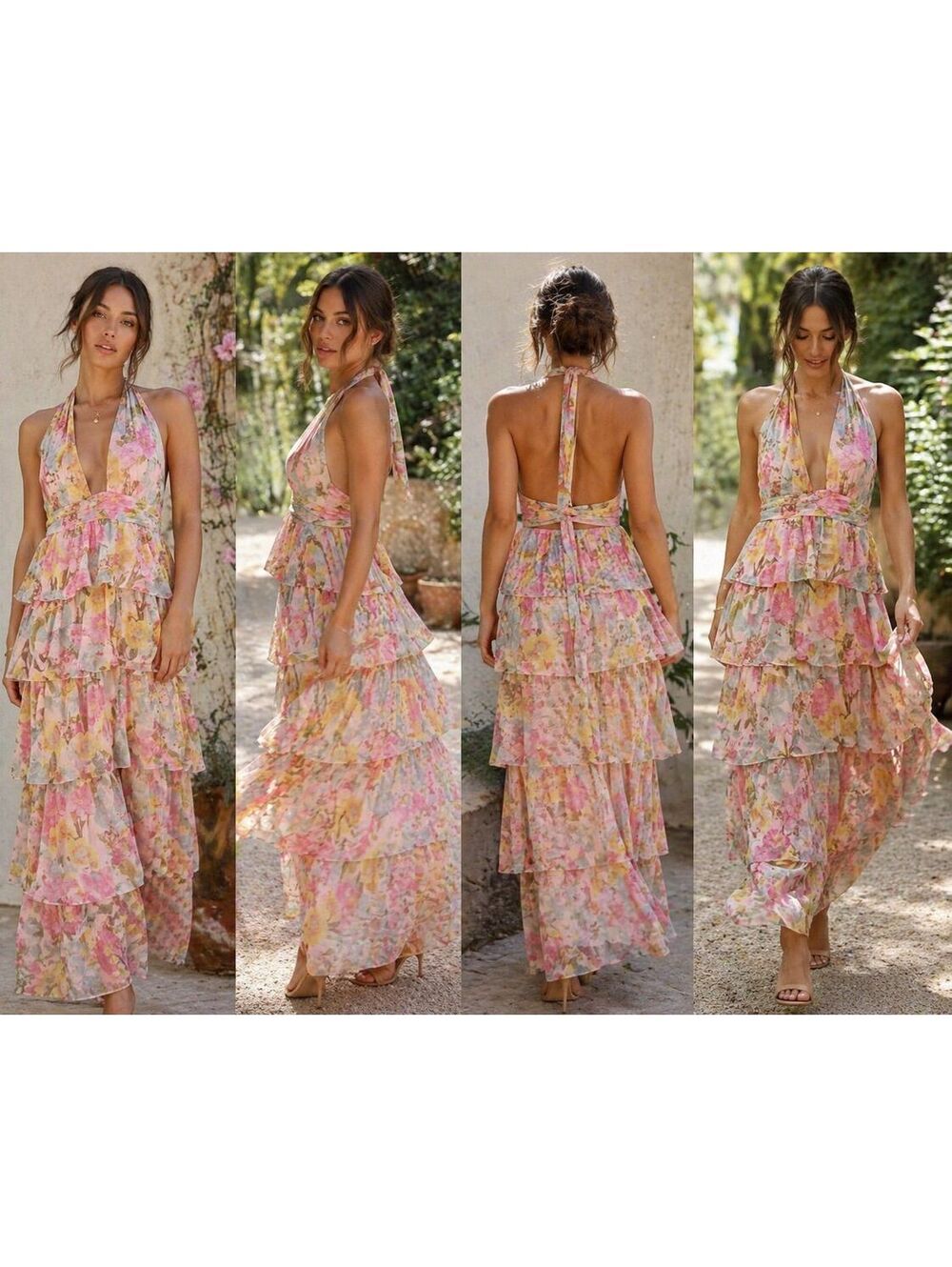 149. Olivaceous•Floral Tiered Halter Maxi Dress Boho Romantic Spring•MEDIUM